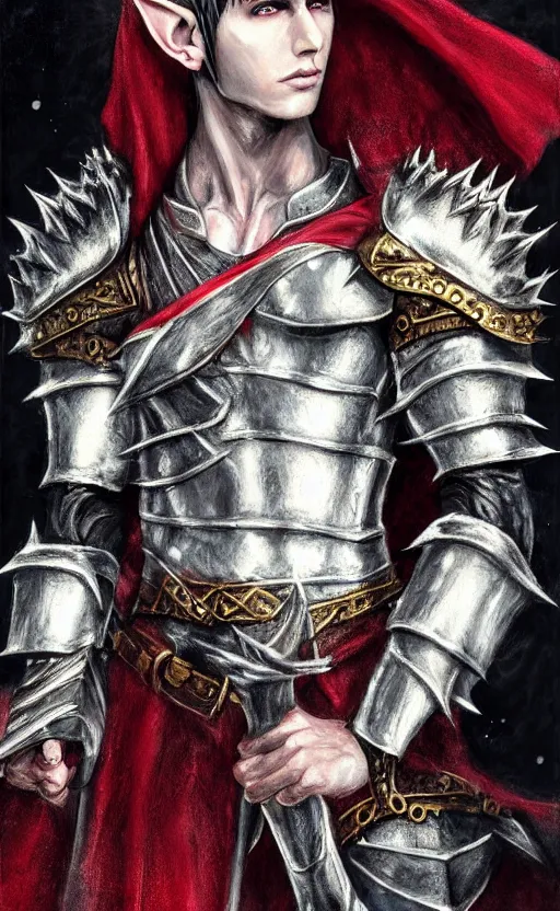 Image similar to A portrait of a male elf, 20 years old, short silver hair, red eyes, wearing a spiked black metal crown, wearing black heavy armor with gold trim, wearing a red cape, lean but muscular, attractive, command presence, royalty, weathered face, smooth, sharp focus, illustration, concept art, highly detailed portrait, muscle definition, fantasy painting, ArtStation, ArtStation HQ