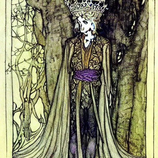 Prompt: A beautiful King of the Fae with blond hair wearing an exquisite suit and a crown, illustration by Arthur Rackham