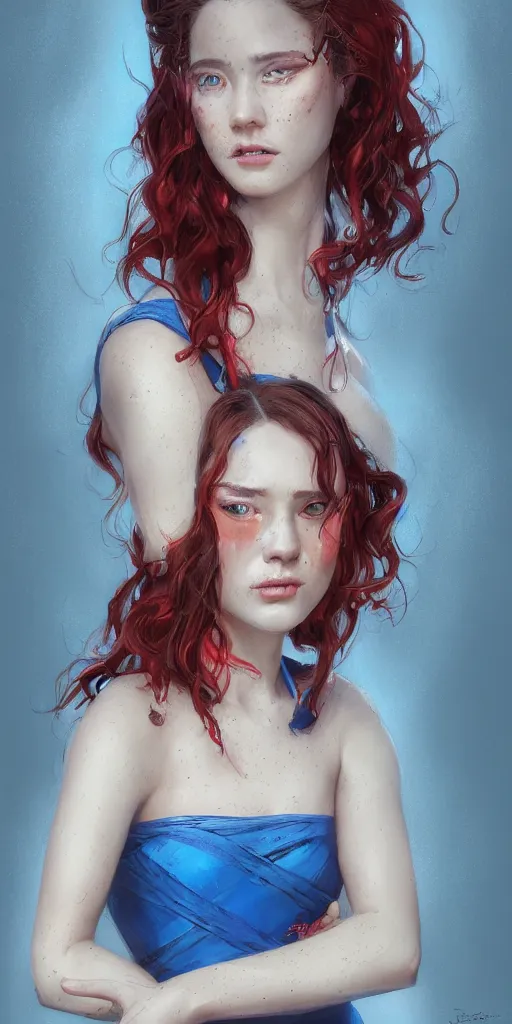 Prompt: young woman face, freckled face, dirty red wavy hair, glowing blue eyes, wearing a blue qipao dress, portrait, by artgerm, by greg rutkowski, by noah bradley, digital avedon