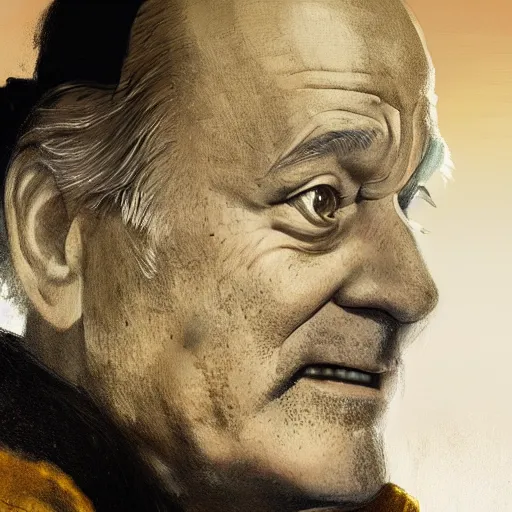 Image similar to closeup portrait of bill murray as cesar, city background, dramatic light, gorgeous view, depth, high detail, digital art, painted by greg rutkowski, trending on artstation