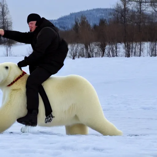Prompt: ilitri and putin riding a polar bear