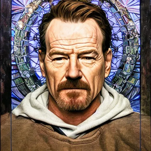 Prompt: realistic detailed face portrait of Bryan Cranston in Breaking Bad, with a crown made of crystal Meth points by Alphonse Mucha, Ayami Kojima, Amano, Charlie Bowater, Karol Bak, Greg Hildebrandt, Jean Delville, and Mark Brooks, Art Nouveau, Neo-Gothic, gothic, rich deep moody colors