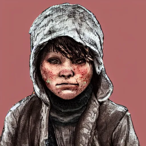 Prompt: detailed half body digital art for a game of a child wearing ragged, heavy and ruined clothes with a winter hat. moody and melanchony. the background is dark.