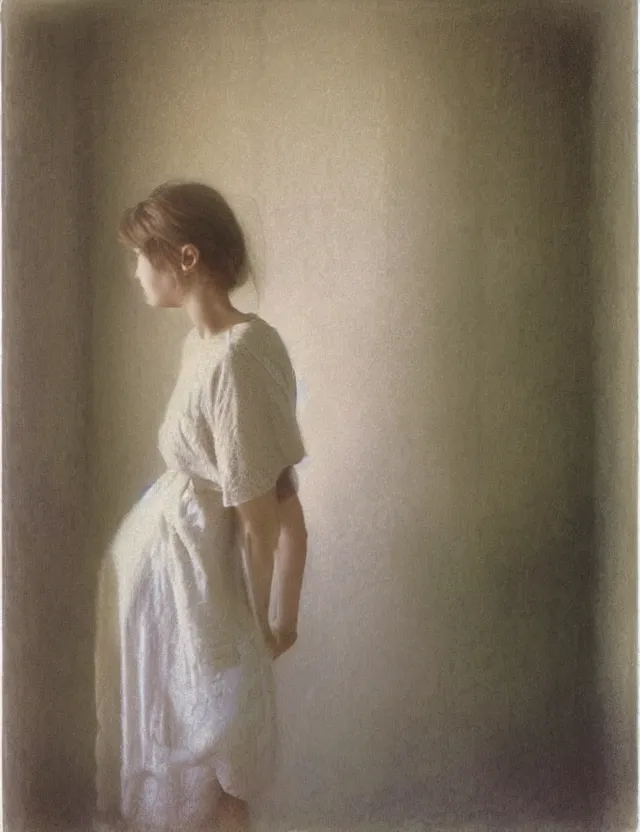 Image similar to peasant girl looking in a mirror in a bathroom, polaroid photo bleached vintage pastel colors high - key lighting, soft lights, foggy, by steve hanks, by lisa yuskavage, by serov valentin, by tarkovsky, detailed, oil on canvas