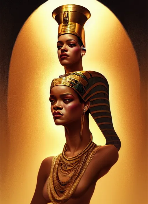 Image similar to portrait of rihanna as pharaoh, ancient egypt, hat, colt, intricate, headshot, highly detailed, digital painting, artstation, concept art, sharp focus, cinematic lighting, illustration, art by artgerm and greg rutkowski, alphonse mucha, cgsociety