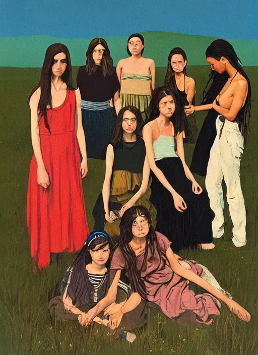 Image similar to composition by justine kurland, a zoomed out portrait of a group of beautiful diverse girls in diverse clothing in a scenic representation of mother nature and the meaning of life by billy childish, thick visible brush strokes, shadowy landscape painting in the background by beal gifford, vintage postcard illustration, minimalist cover art by mitchell hooks