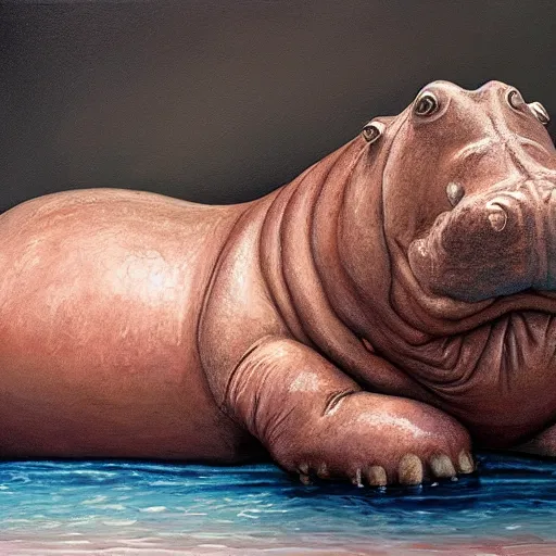 Prompt: A humanoid hippo wearing a towel sitting in a steamy sauna, oil painting, hyperrealism