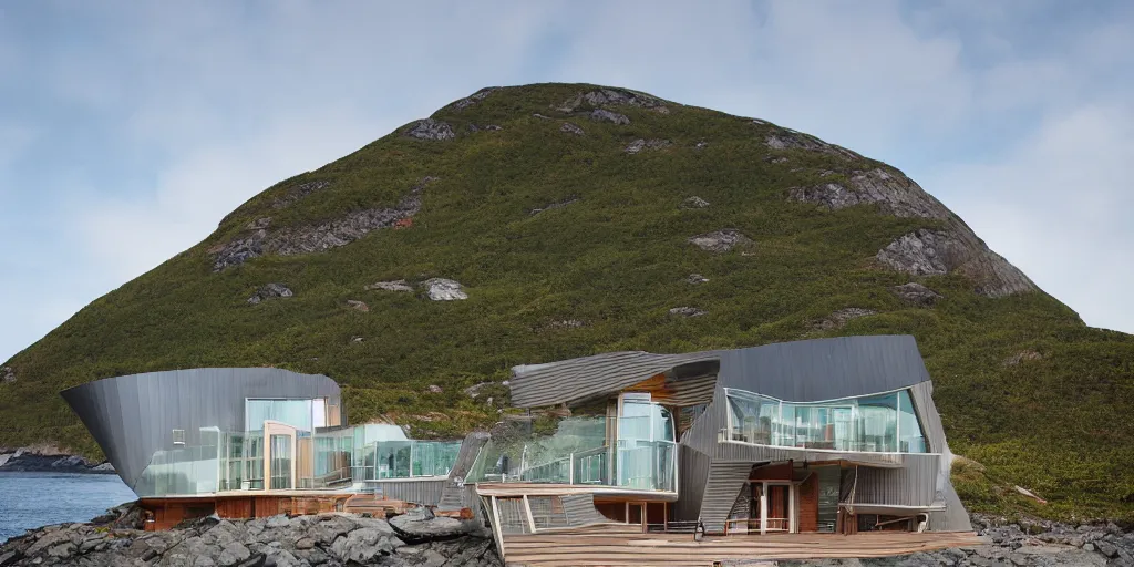 Prompt: modern norwegian fjord beach house designed by frank gehry, contemporary architecture, photography