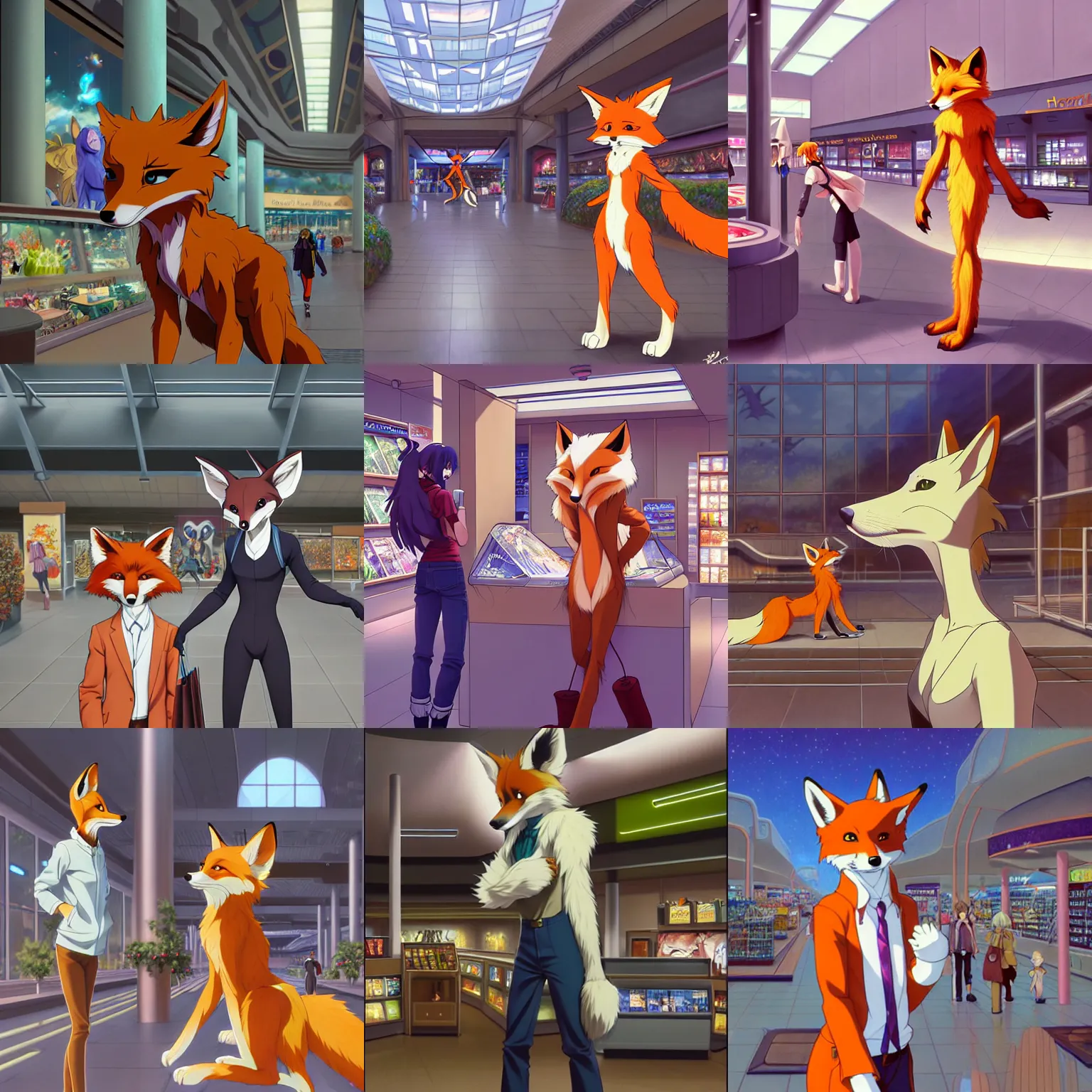 Prompt: anthro art commission of an anthropomorphic natural furry ( ( fox ) ) person shopping at a futuristic mall, photorealistic, detailed key anime art, makoto shinkai, james gurney, don bluth, disney!!!!, hibbary, dark natasha, goldenwolf, furaffinity, fursona, greg rutkowski