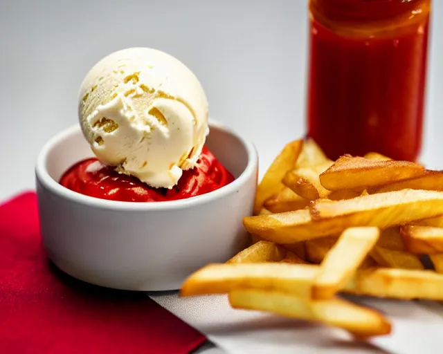 Prompt: dslr food photograph of vanilla ice cream with ketchup on, a leaf of oregano on the ice cream, french fries on the side, a bottle of ketchup, bokeh, 8 5 mm f 1. 4