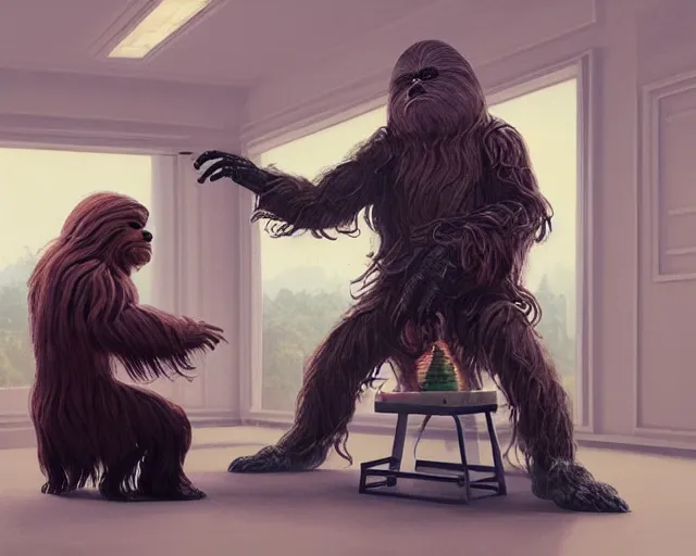 Prompt: wookiee at home trading crypto. the charts are at all time highs, gains, green charts, painting by frank frazetta, 3 d rendering by beeple, wlop