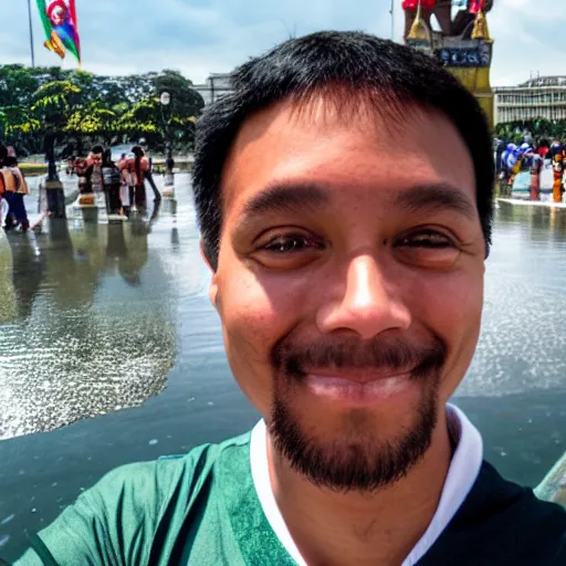 Image similar to ferdinand magellan taking a selfie at rizal park, realistic, shot on an iphone