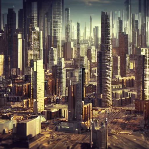 Prompt: futurist cityscape with tall buildings. Octane render. Tilt and shift effect. High detail