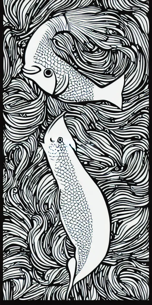 Image similar to illustration vector fine line art of a white fish on a full black background, very simple