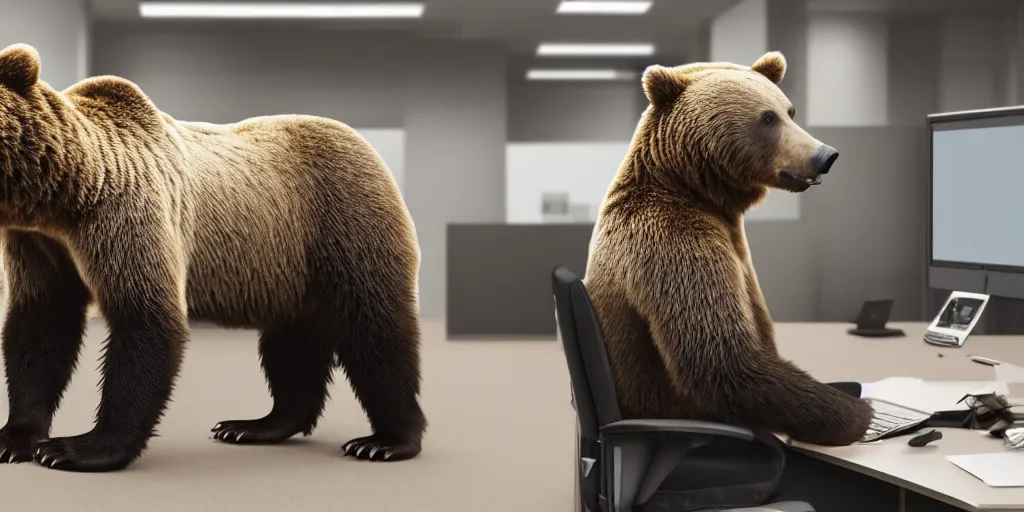 Prompt: A photo of a grizzly bear in a business suit working in a corporate office, 4K, realistic,