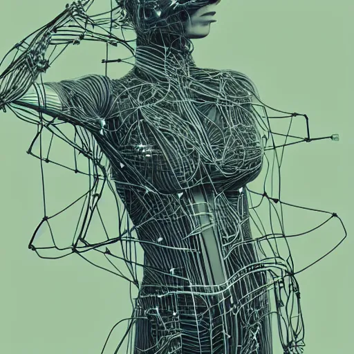 Image similar to a beautiful body of a pilot woman partially made of wires and electronic circuits, an ultrafine detailed illustration by james jean, final fantasy, intricate linework, bright colors, behance contest winner, vanitas, angular, altermodern, unreal engine 5 highly rendered, global illumination, radiant light, detailed and intricate environment