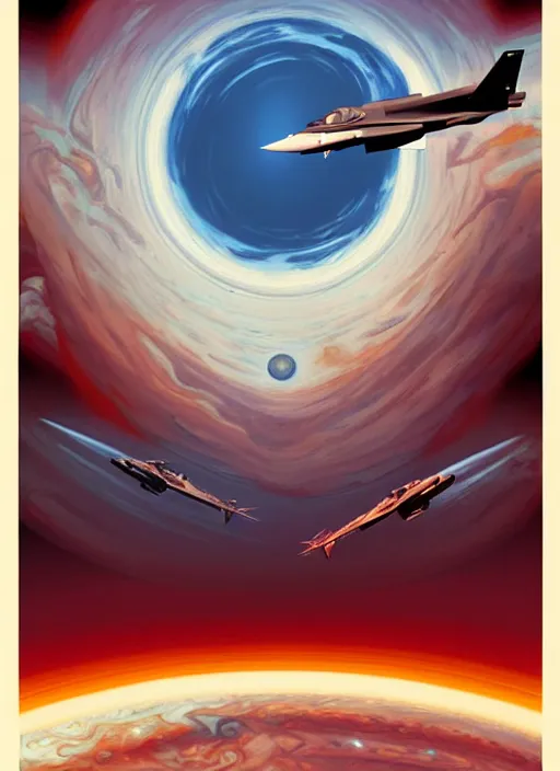 Image similar to poster artwork by michael whelan and tomer hanuka, a portrait, f 3 5 jets dogfighting in the clouds of jupiter, clean