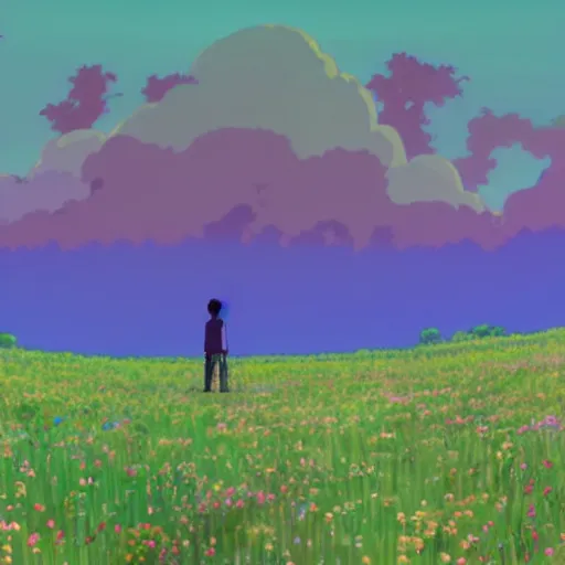 Image similar to man stands on a meadow made of popcorn, landscape, studio ghibli, anime