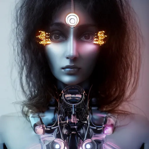 Prompt: beautiful centered fine art photo portrait of romantic beautiful girl as a solarpunk robotic humanoid, black mechanical parts with led lights, pudica pose, photorealistic, white background, highly detailed and intricate, soft box lighting, hdr 8 k