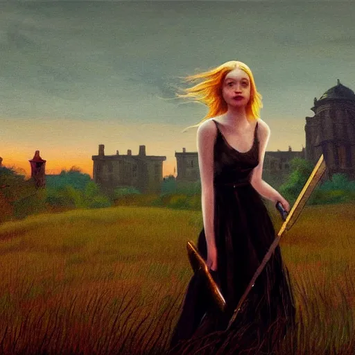 Image similar to Elle Fanning, head and shoulders masterpiece, in the painted world of Dark Souls, golden hour, in a garden, artstation, in the style of Art Deco and Edward Hopper and Bosch, extremely detailed