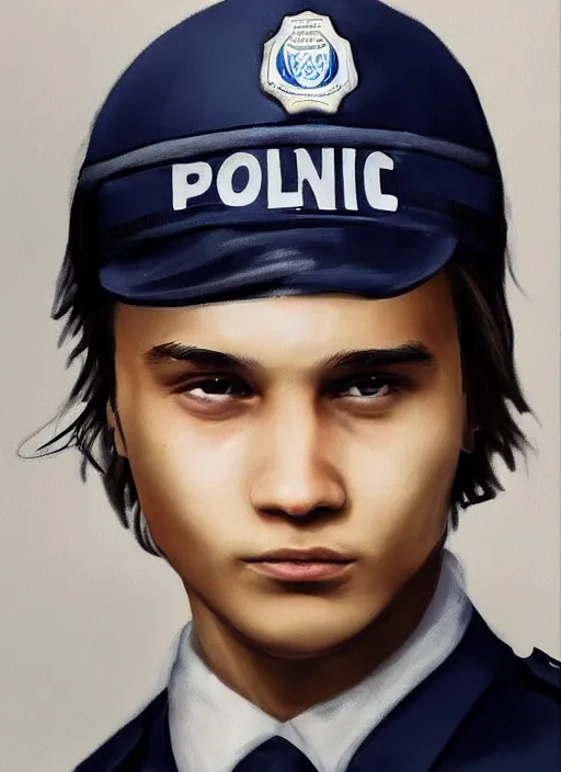 Prompt: teenage frank dillane in a police uniform, realistic, detailed, trending on artstation