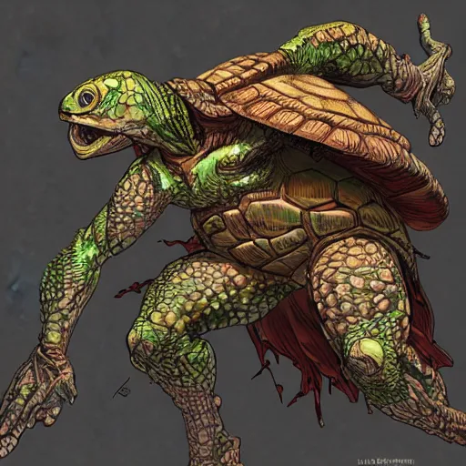 Prompt: turtle mutant, scare, highly detailed face, full body, fantasy art, monster art, style of masami kurumada, illustration, epic, fantasy, intricate, hyper detailed, artstation, concept art, smooth, sharp focus, ray tracing