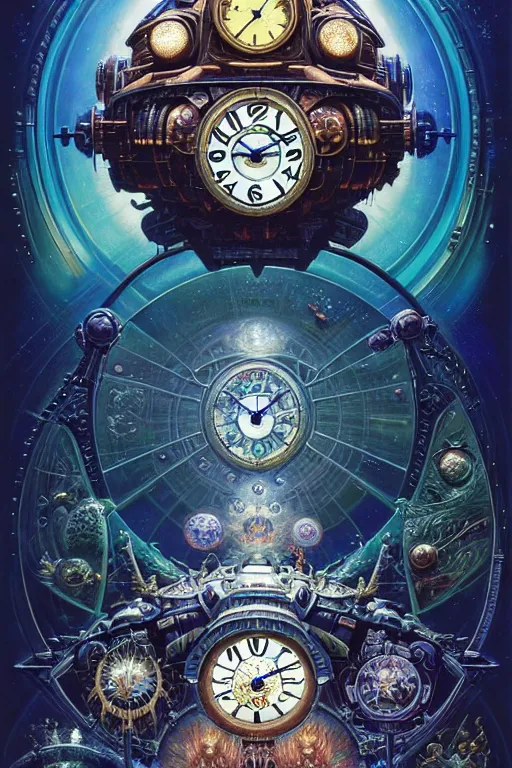 Prompt: symmetrical futuristic Urwerk clocks james gurney, dan luvisi, Petros Afshar, tim hildebrandt, liam wong, Mark Riddick, thomas kinkade, ernst haeckel, dan mumford, trending on artstation, josephine wall, WLOP, cgsociety by Gediminas Pranckevicius, trending on cgsociety, watch photo, horology