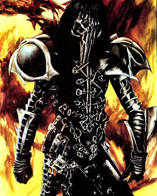 Image similar to portrait of a skinny punk goth tony todd wearing armor by simon bisley, john blance, frank frazetta, fantasy, thief warrior