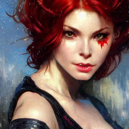 Prompt: highly detailed closeup portrait of beautiful cat woman with red hair, very detailed, realistic, card, by Stanley Artgerm Lau, greg rutkowski, thomas kindkade, alphonse mucha, loish, norman rockwell J.