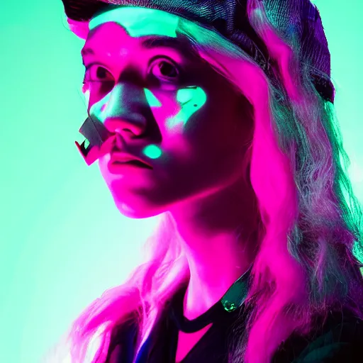 Prompt: grimes onstage, volumetric neon lights in the background, gleaming, 3 5 mm photography, portrait!!!!!!, trending on artstation, 4 k, 8 k, zbrush, mannerism