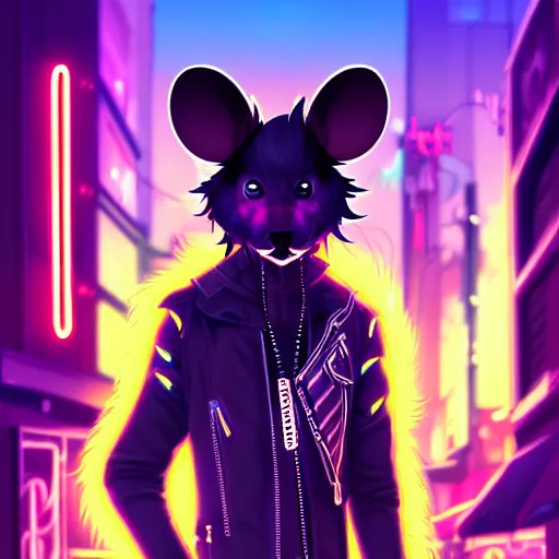Image similar to beautiful furry digital art portrait commission of an androgynous furry anthro rat fursona wearing punk clothes in the streets of a cyberpunk city. neon signs. character design by charlie bowater, ross tran, artgerm, and makoto shinkai, detailed, inked