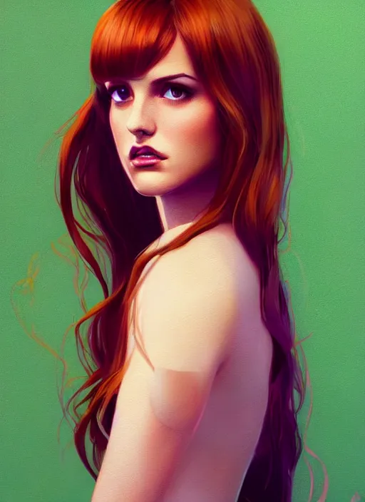 Image similar to full body portrait of teenage cheryl blossom, bangs, green eyes, sultry expression, red hair, sultry smirk, bangs and wavy hair, bangs, intricate, elegant, glowing lights, highly detailed, digital painting, artstation, concept art, smooth, sharp focus, illustration, art by wlop, mars ravelo and greg rutkowski