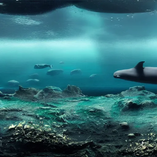 Image similar to ultra realistic underwater photography, panoramic picture of an ocean floor with large baluga whales. lots of bubbles. seaweed and some rocks. gloomy scattered light entering from the water surface, artstation, 8 k