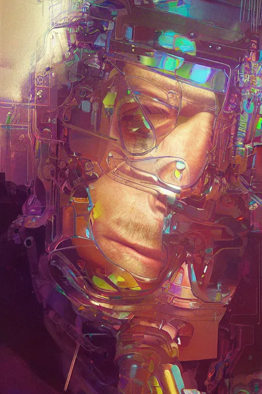 Image similar to A portrait of sad and serious Aphex Twin as a cyberpunk, iridescent highlights, background of digital greebles, highly detailed, intricate, soft, sci-fi, sharp focus, glowing lines, art by Ruan Jia and Moebius