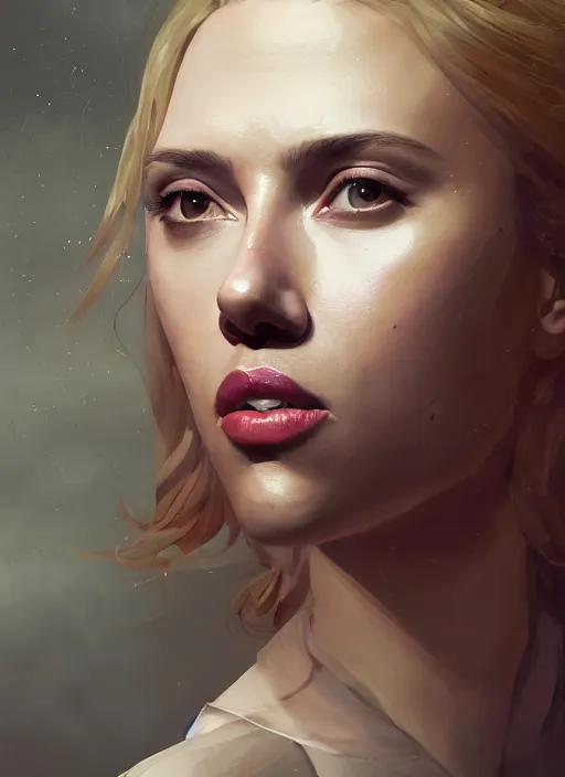 Image similar to A fancy portrait of Scarlett Johansson by Greg Rutkowski, Sung Choi, Mitchell Mohrhauser, Maciej Kuciara, Johnson Ting, Maxim Verehin, Peter Konig, Bloodborne, 8k photorealistic, cinematic lighting, HD, high details, dramatic, atmospheric , trending on artstation