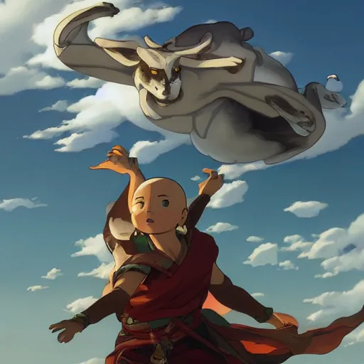 Image similar to medium shot of appa from the last airbender flying through the sky, fantasy, intricate, elegant, dreamy, highly detailed, digital painting, artstation, concept art, smooth, sharp focus, illustration, art by artgerm and greg rutkowski and alphonse mucha