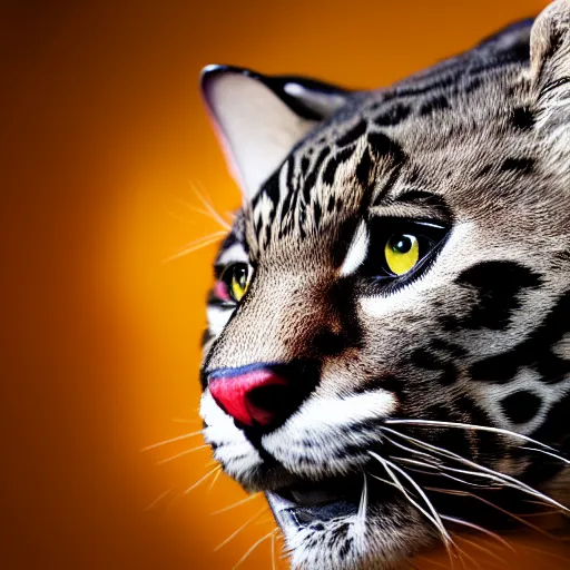 Image similar to profile shot of a black and red ocelot with black background, dramatic, cinematic, high contrast, octane render, 4k