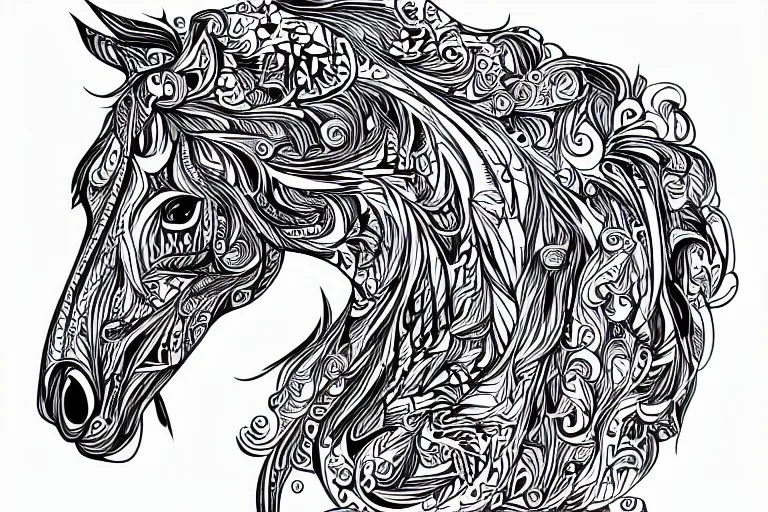 Prompt: beautiful horse, ornamental, fractal, ink draw, line art, vector, outline