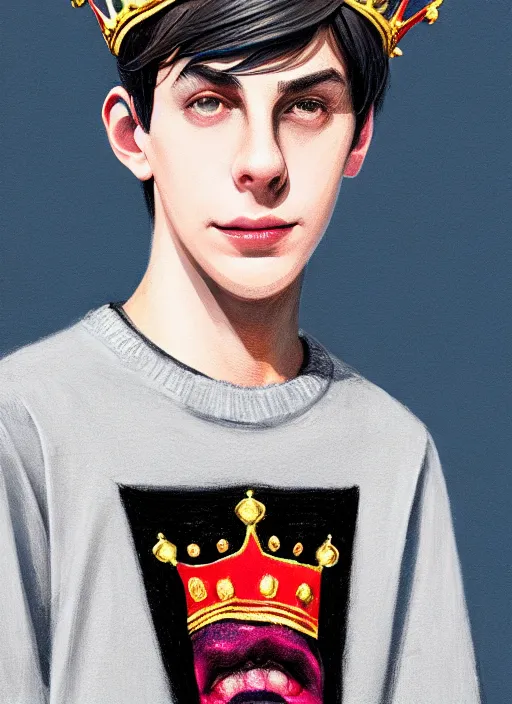 Image similar to portrait of teenage jughead jones wearing a light grey crown, photorealistic, crown, eyes closed, crown, black hair, sweater with letter s on it, letter s, intricate, elegant, glowing lights, highly detailed, digital painting, artstation, concept art, smooth, sharp focus, illustration, art by wlop, mars ravelo and greg rutkowski