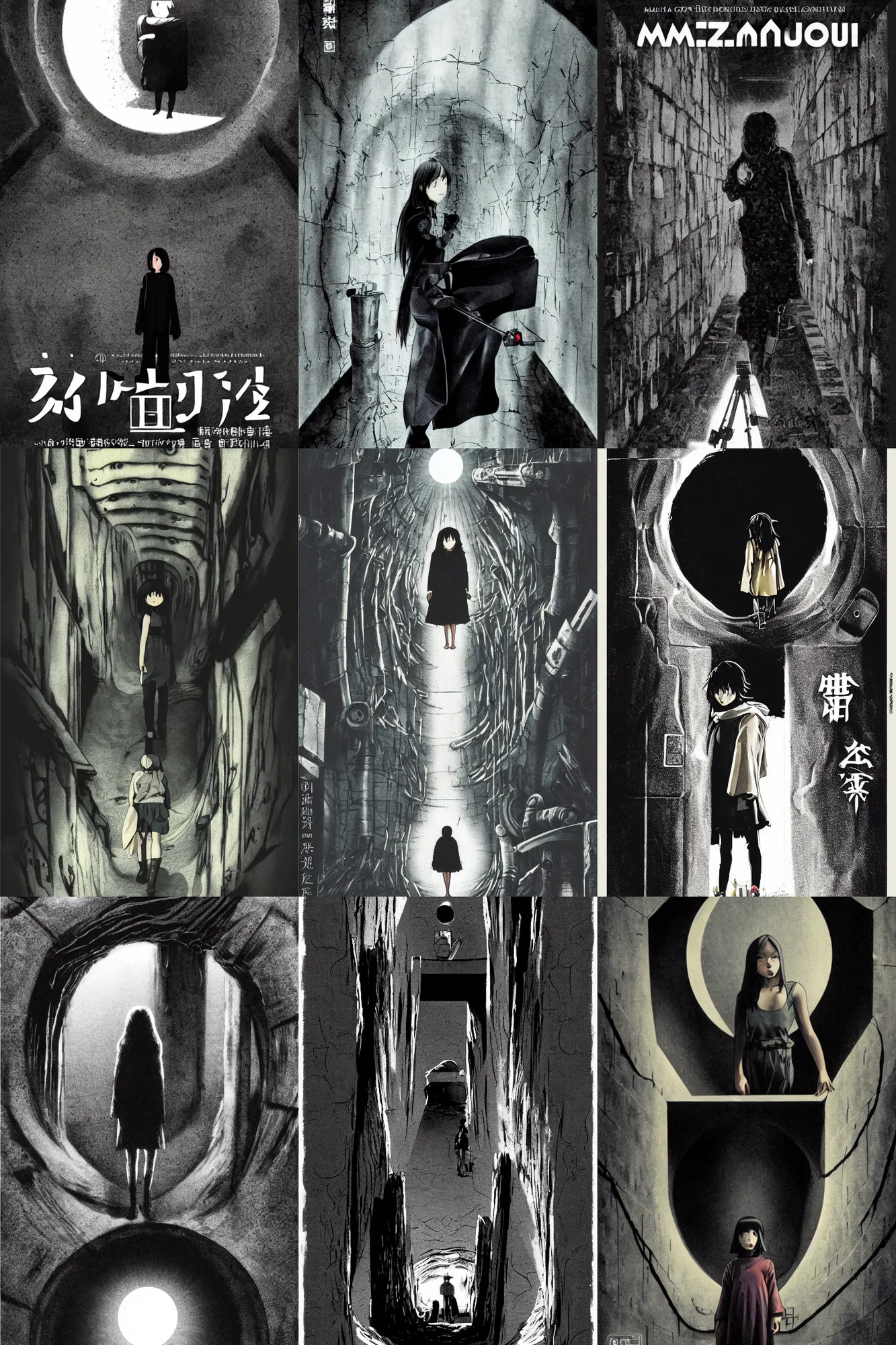 Prompt: mamoru oshii miyazaki movie poster, brutalist, girl outside a dark sewer entrance, six foot sewer pipe, eclipse, vanta black, entrance to a dark tunnel, black circle, black round hole, black depths