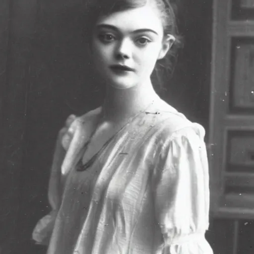 Image similar to Edwardian photograph of Elle Fanning, 1910s, 1900s, 1920s, grainy, detailed