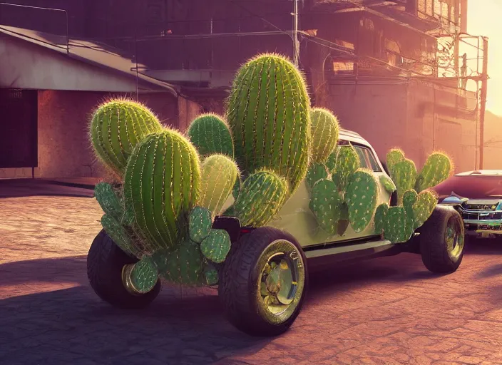 Image similar to hd wallpaper of a car made out of cactus, octane render, 8 k, hyperrealistic, unreal 5, intricate detail, cinematic, studio lighting, concept art, trending on artstation