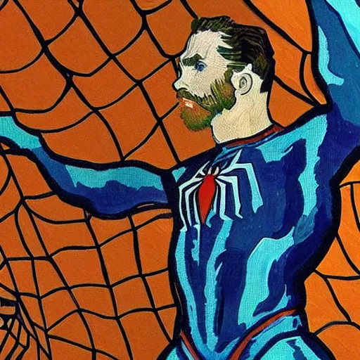 Image similar to a van gogh style painting of spiderman, 4 k, award winning, highly intricate