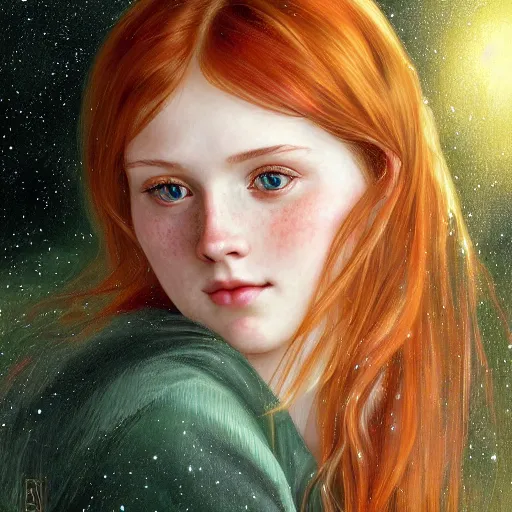 Image similar to portrait of a red haired girl, long hair, green eyes, hint of freckles, beautiful round face, soft amazed smiles, among golden fireflies, highly detailed, deep focus, elegant, digital painting, smooth, sharp focus, golden ratio, illustration, ultra realistic, 8 k, art by artgerm and alphonse mucha