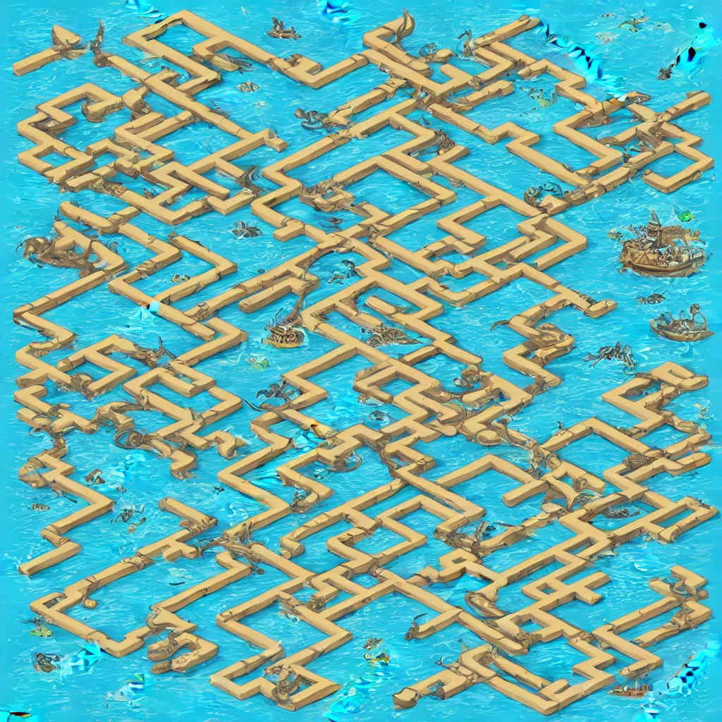 Image similar to wimmelbilder maze made ocean pirates attack kraken, isometric, very sharp, high contrast