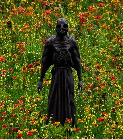 Image similar to mystical black death god figure standing in tall meadow of flowers, dslr photo, grainy, high detail, high resolution