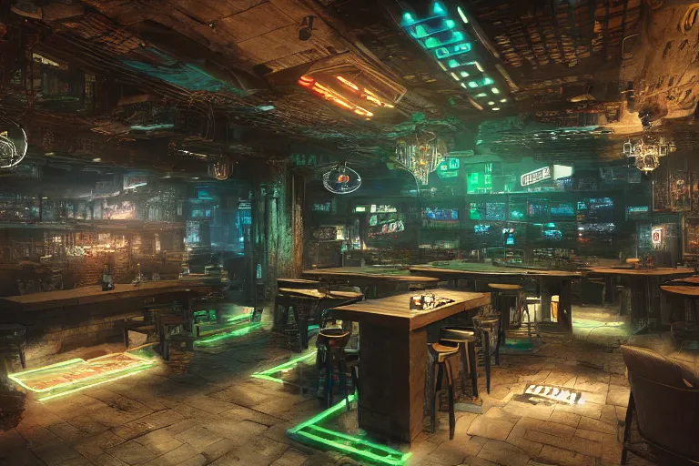 Image similar to ultra mega super hyper realistic Digital concept interior design of cyberpunk tavern with stone walls and neon lights, a lot of electronics, many details in style of Hiromasa Ogura. Natural white sunlight from the transperient roof. Rendered in VRAY and DaVinci Resolve and MAXWELL and LUMION 3D, Volumetric natural light