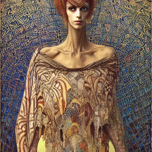 Image similar to portrait of tall, long-necked lipless mutant woman covered with elaborately patterned brown and white scales wearing gauze toga and standing in cyberpunk art deco mosque by Beksinski, Bruegel, Greg Rutkowski, Alphonse Mucha, and Yoshitaka Amano