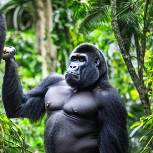 Prompt: gorilla lifting weights in the jungle