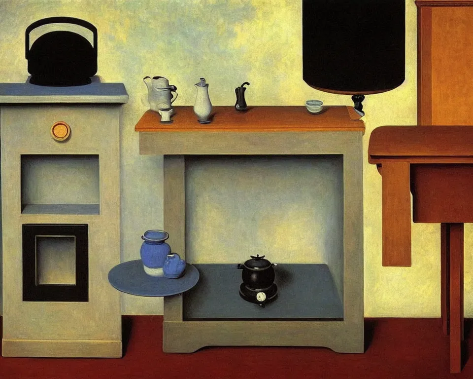 Prompt: achingly beautiful painting of a sophisticated, well - decorated kitchen stove by rene magritte, monet, and turner. whimsical.